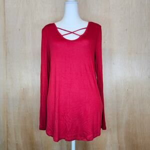 Buttery Soft Red Viamor Criss Cross Neck Long Sleeve Top Size Medium Made In USA
